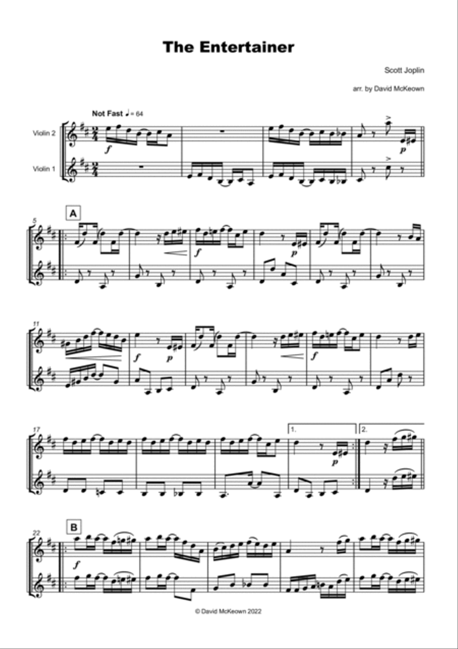 The Entertainer by Scott Joplin, Violin Duet String Duet scores gallery preview page 2