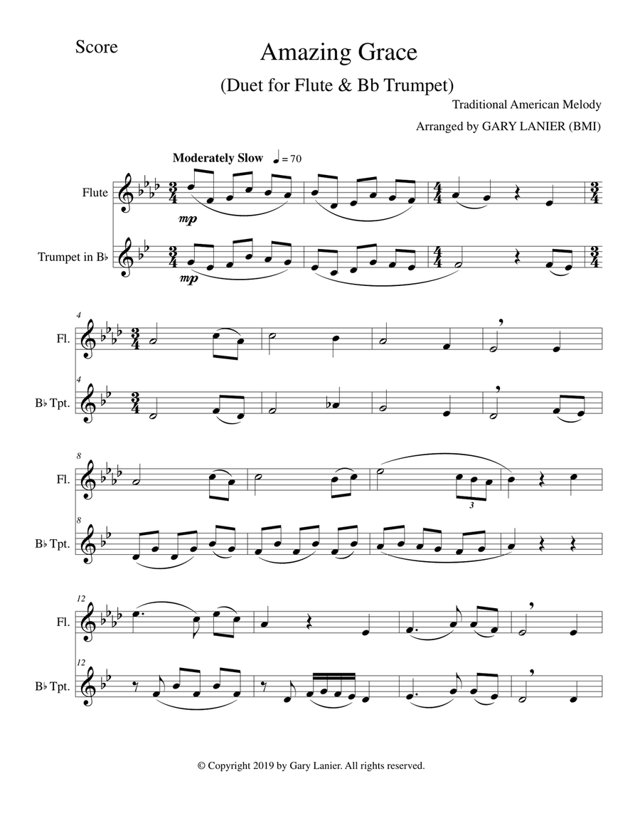 AMAZING GRACE (Duet - Flute & Bb Trumpet - Score & Parts included) Flute scores gallery preview page 2