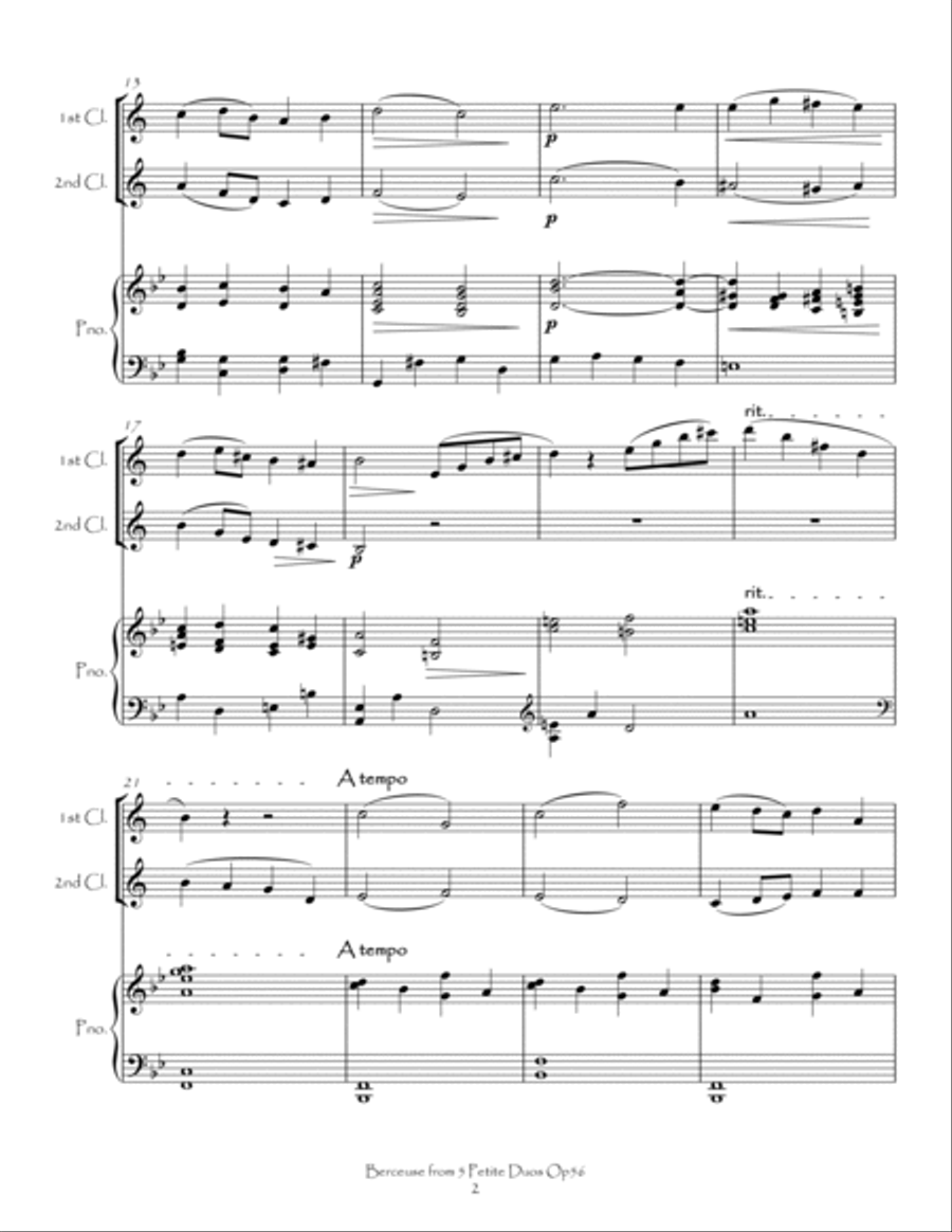 Berceuse from 5 Petite Duos Op56 for Clarinet Duet and Piano Clarinet Duet scores gallery preview page 2