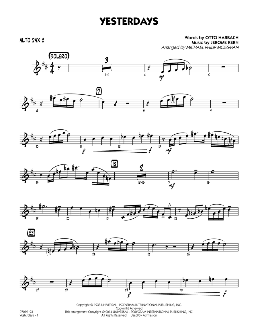Yesterdays - Alto Sax 2 Yesterdays - Alto Sax 2 Jazz Ensemble scores gallery preview page 1