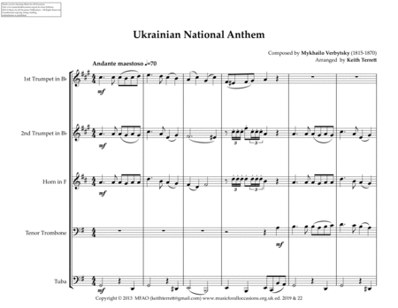 Ukrainian National Anthem ''Shche ne vmerla Ukraina'' for Brass Quintet image number null