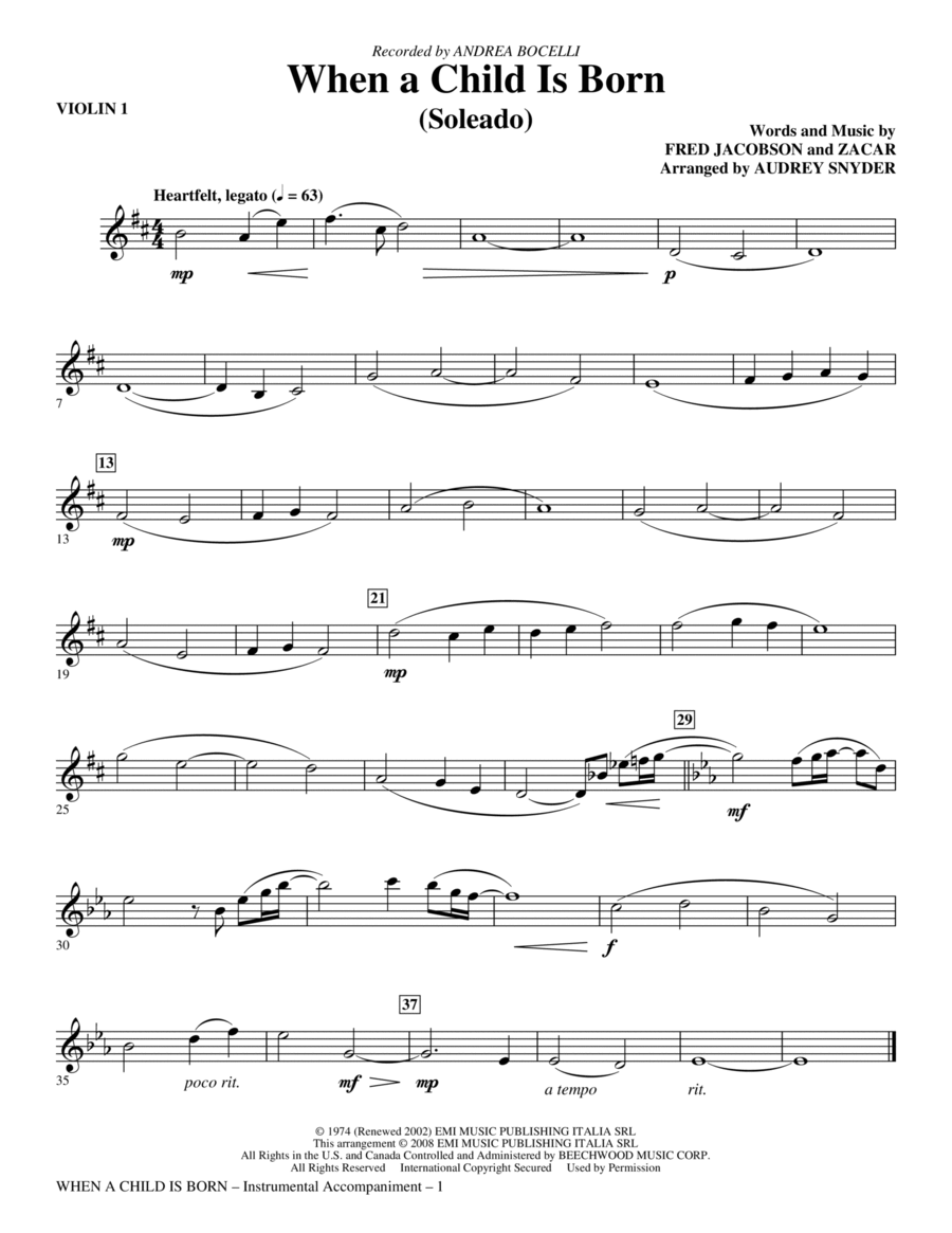 When A Child Is Born (Soleado) - Violin 1 Choir scores gallery preview page 1