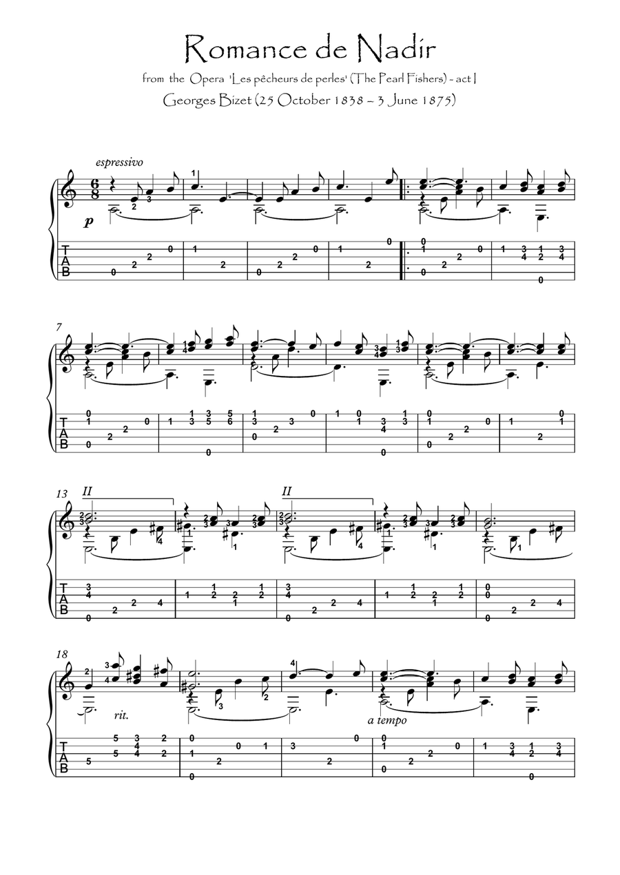 Romance de Nadir - The Pearl Fishers guitar solo Acoustic Guitar scores gallery preview page 1