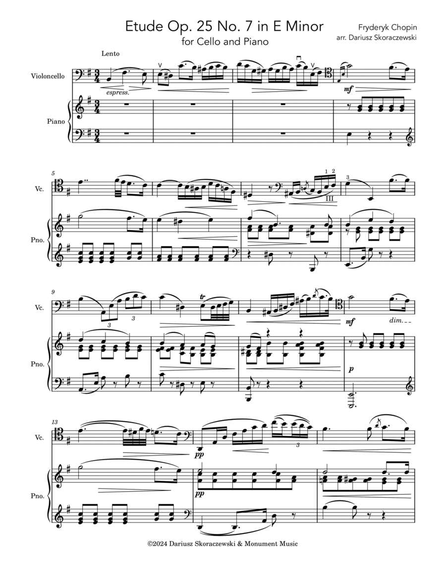 Chopin - Etude Op. 25, No. 7 in E minor for Cello and Piano Chamber Music scores gallery preview page 1