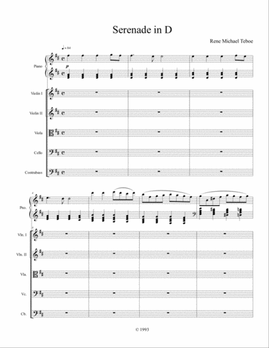 Serenade in D (for piano and string orchestra) String Orchestra scores gallery preview page 1
