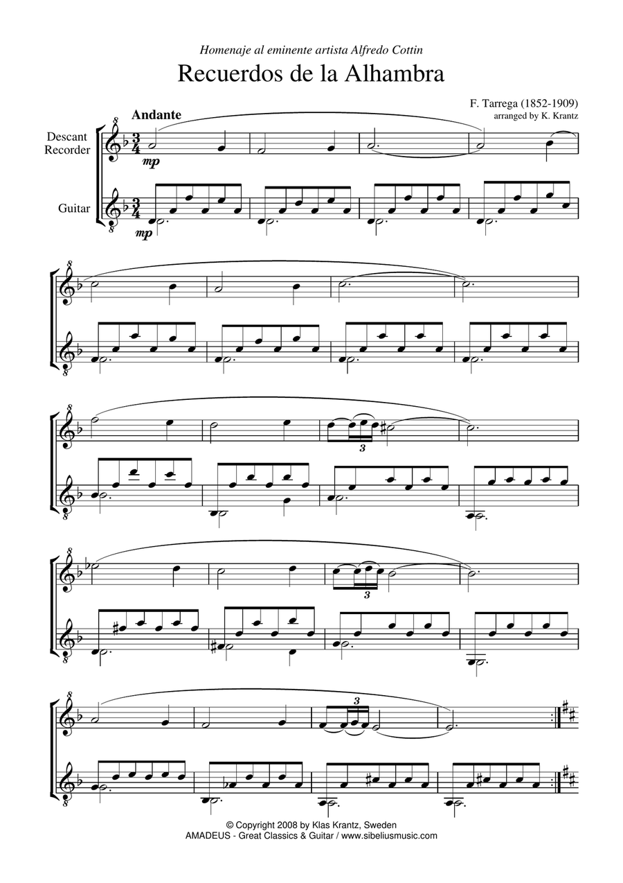 Recuerdos de la Alhambra for descant recorder and guitar Soprano Recorder scores gallery preview page 2