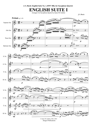 Book cover for Bach: English Suite No. 1, BWV 806, for Saxophone Quartet - Score Only