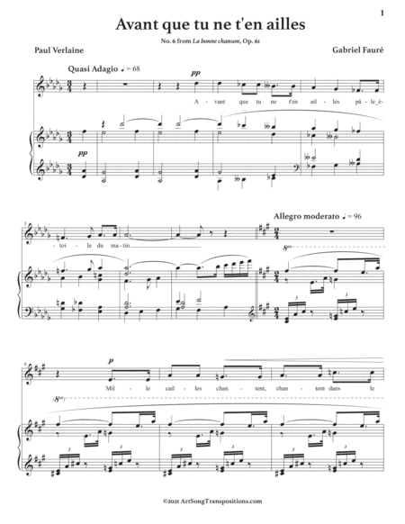 FAURÉ: Avant que tu ne t'en ailles, Op. 61 no. 6 (transposed to D-flat major)