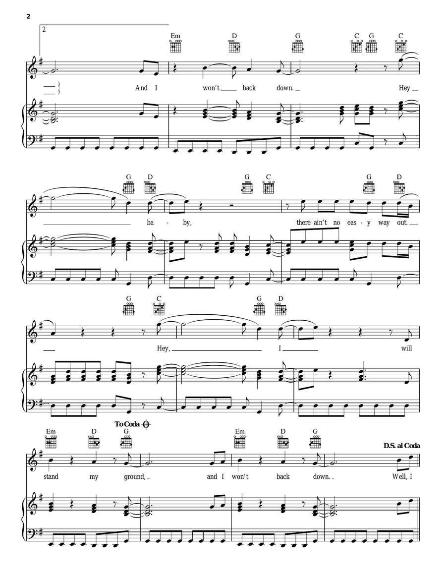I Won't Back Down Piano, Vocal, Guitar scores gallery preview page 2