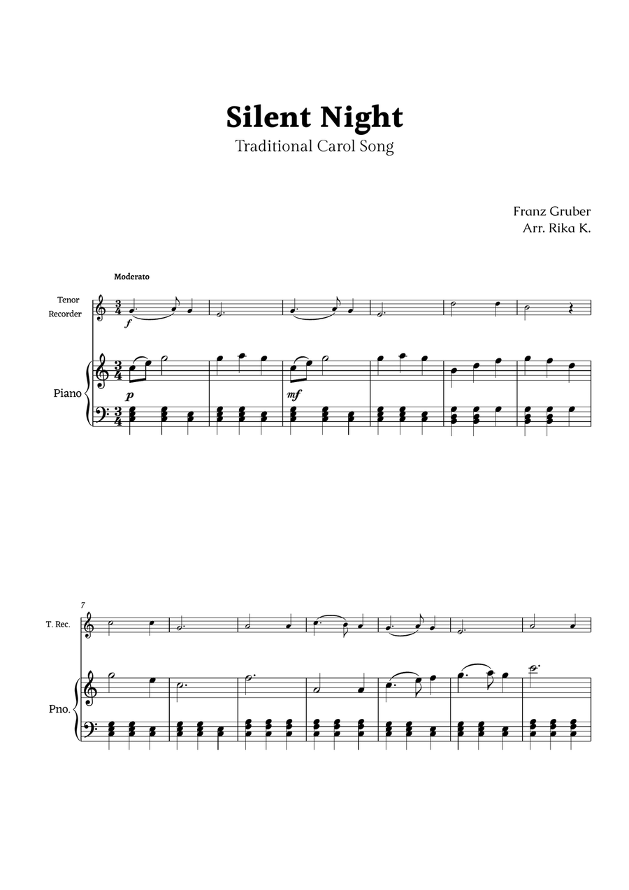 Silent Night for Tenor Recorder and Piano Chamber Music scores gallery preview page 1