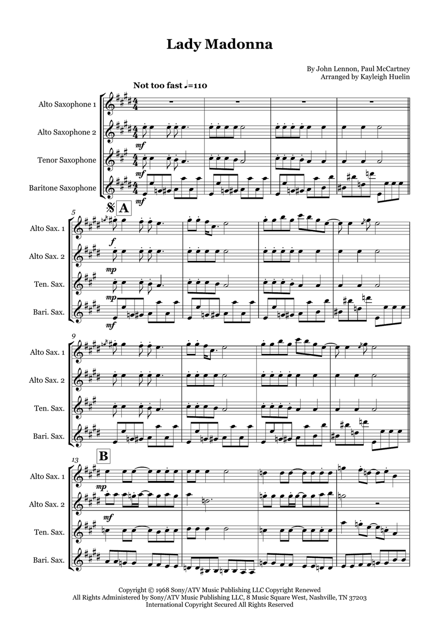 Lady Madonna Saxophone Quartet scores gallery preview page 1