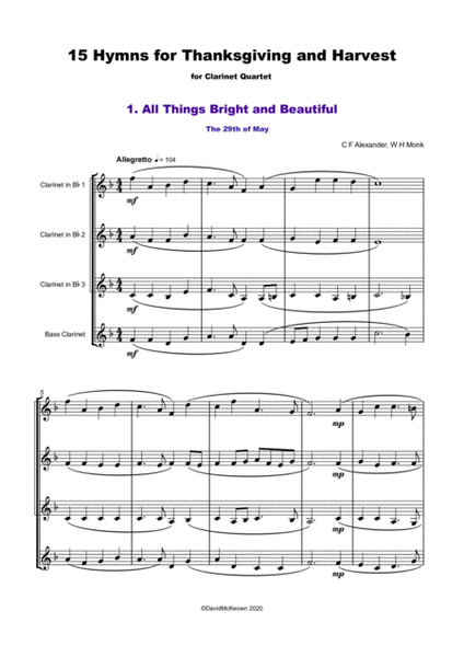 15 Favourite Hymns for Thanksgiving and Harvest for Clarinet Quartet