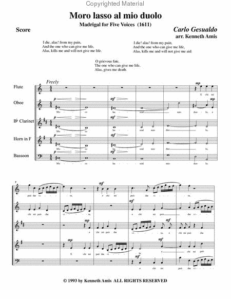 Moro lasso al mio duolo (for woodwind quintet)