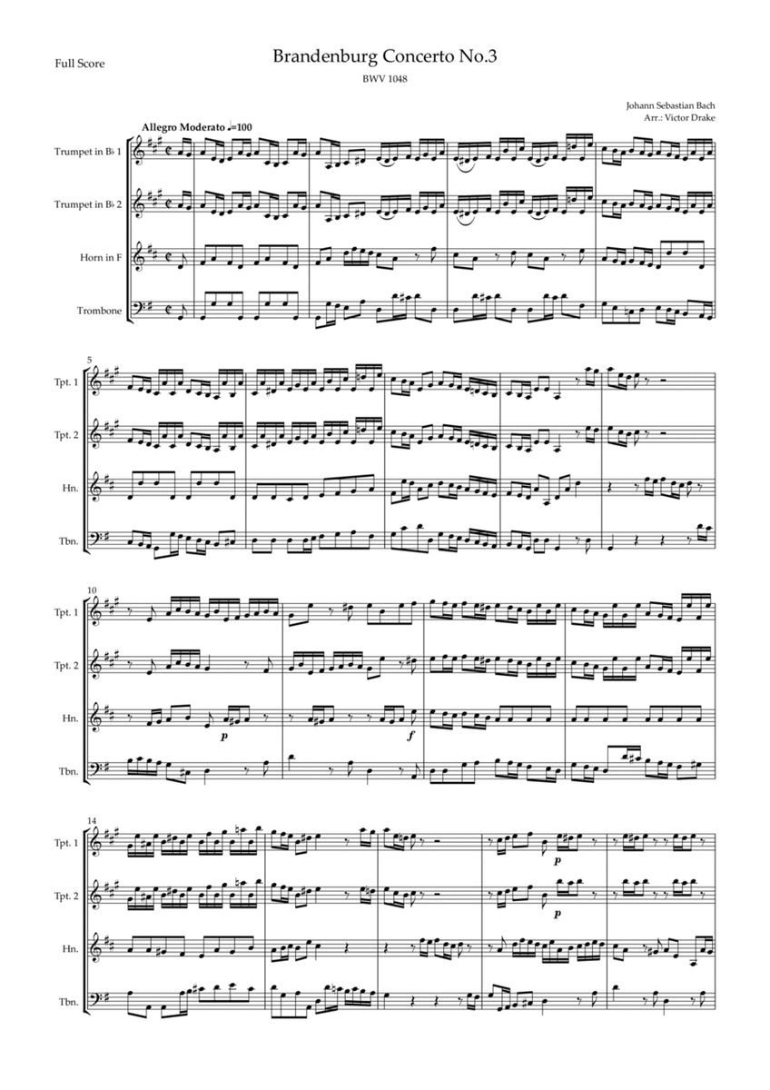 Brandenburg Concerto No. 3 in G major, BWV 1048 1st Mov. (J.S. Bach) for Brass Quartet image number null
