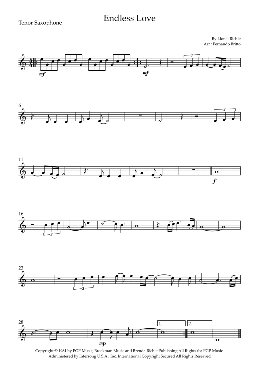 Endless Love Tenor Saxophone scores gallery preview page 1
