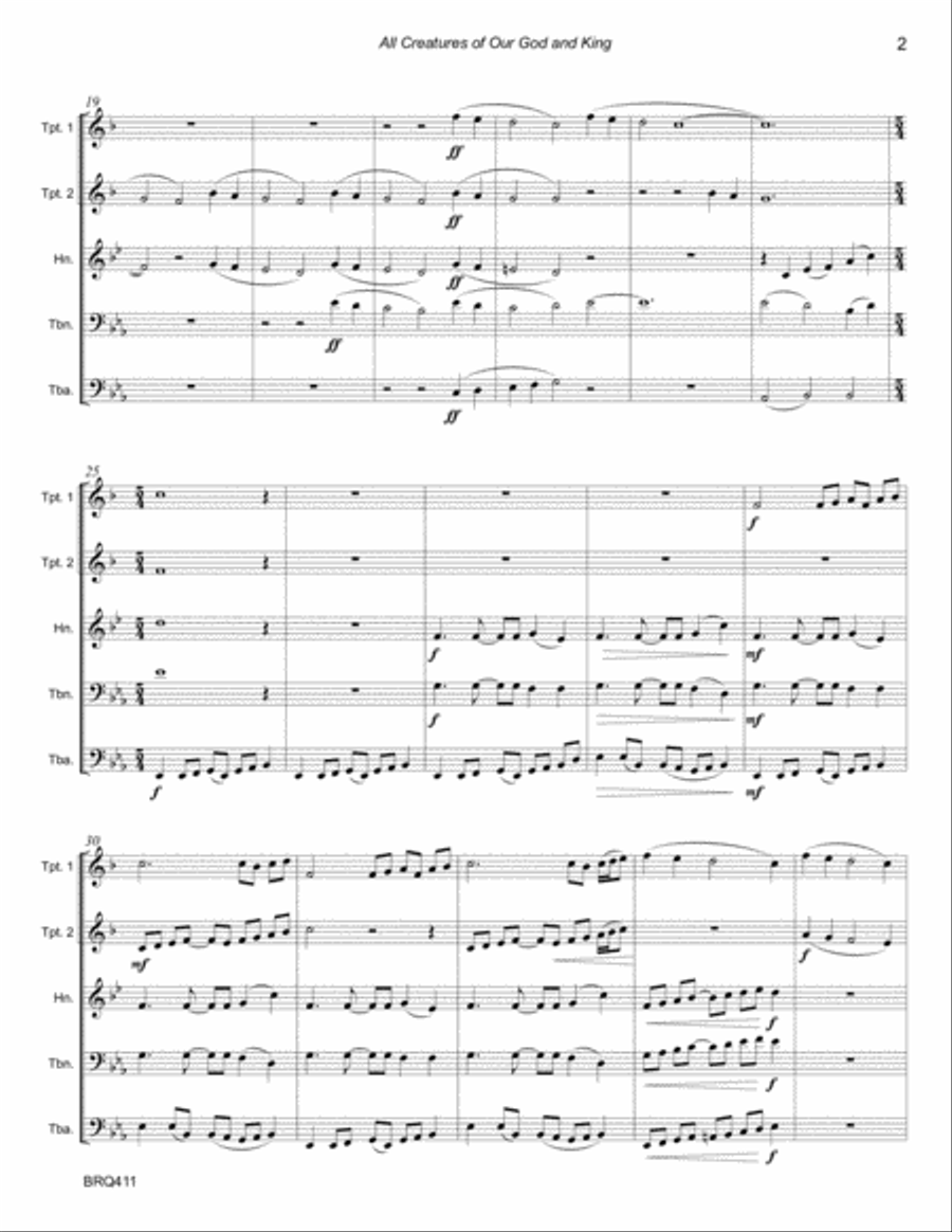 ALL CREATURES OF OUR GOD AND KING - BRASS QUINTET (unaccompanied) Brass Quintet scores gallery preview page 2