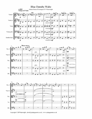 Blue Danube by Johann Strauss II arranged for string quartet with score & parts with rehearsal lette