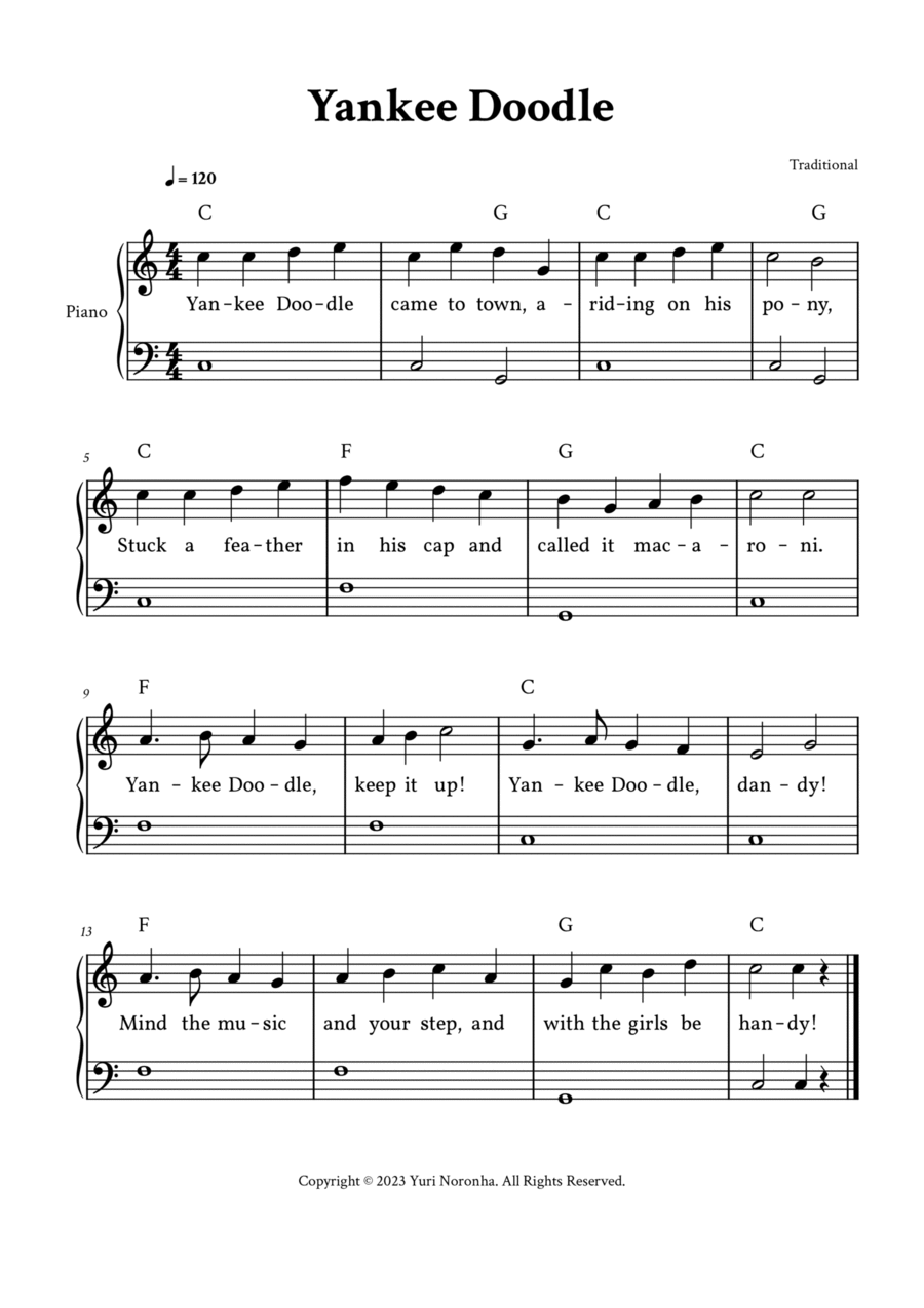 Yankee Doodle - Easy Piano in C (with Lyrics) Easy Piano scores gallery preview page 1