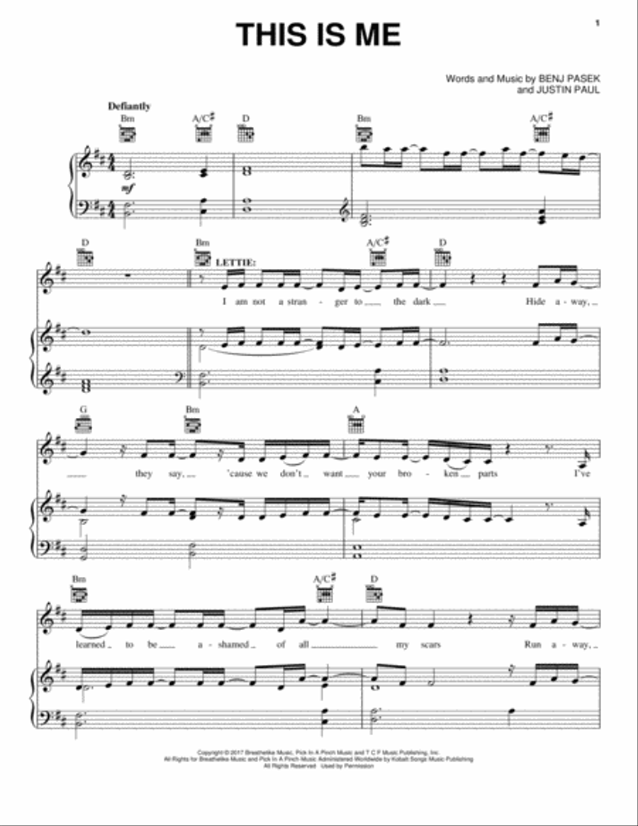 This Is Me (from The Greatest Showman) Piano, Vocal, Guitar scores gallery preview page 1