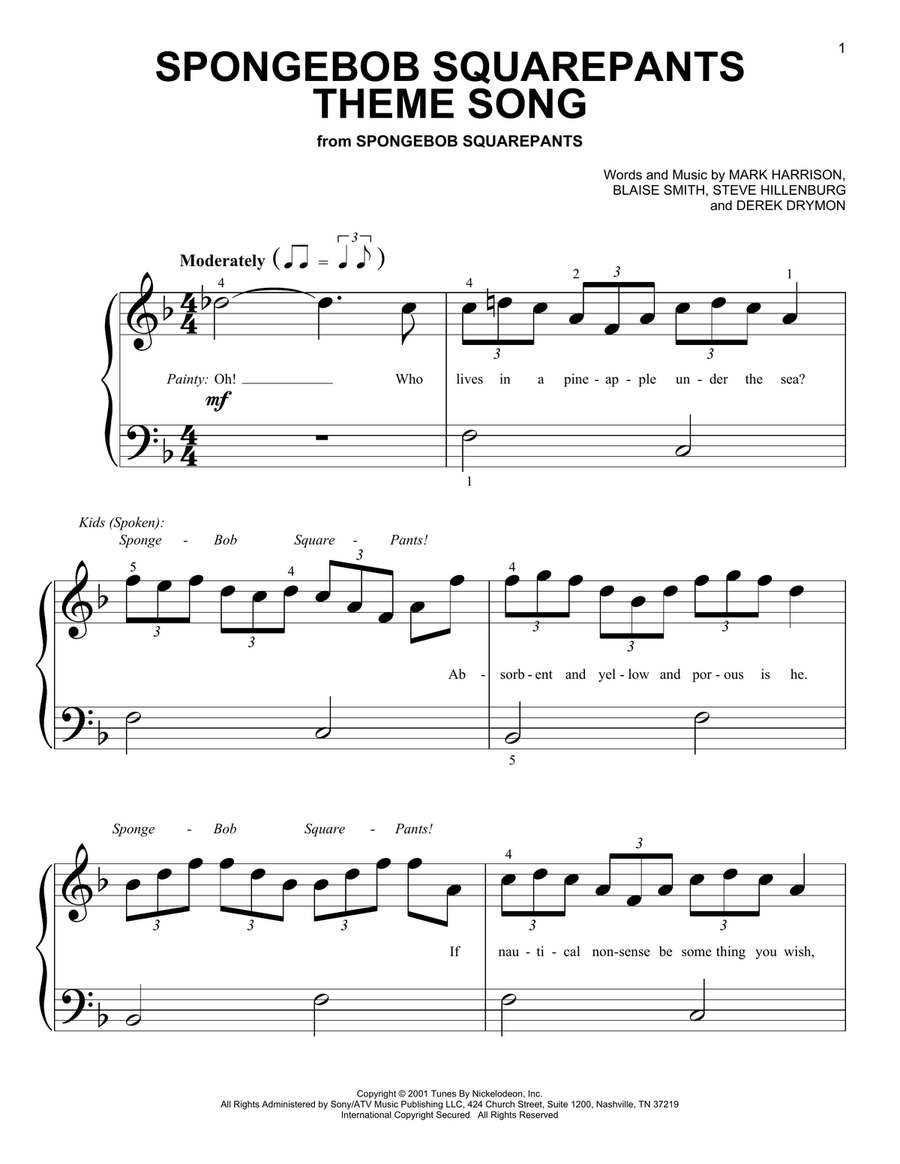 SpongeBob SquarePants Theme Song Easy Piano scores gallery preview page 1