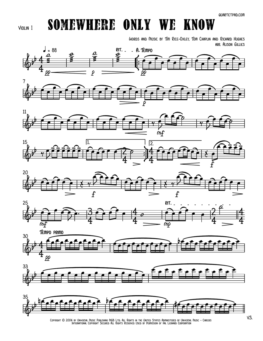 Somewhere Only We Know String Quartet scores gallery preview page 6