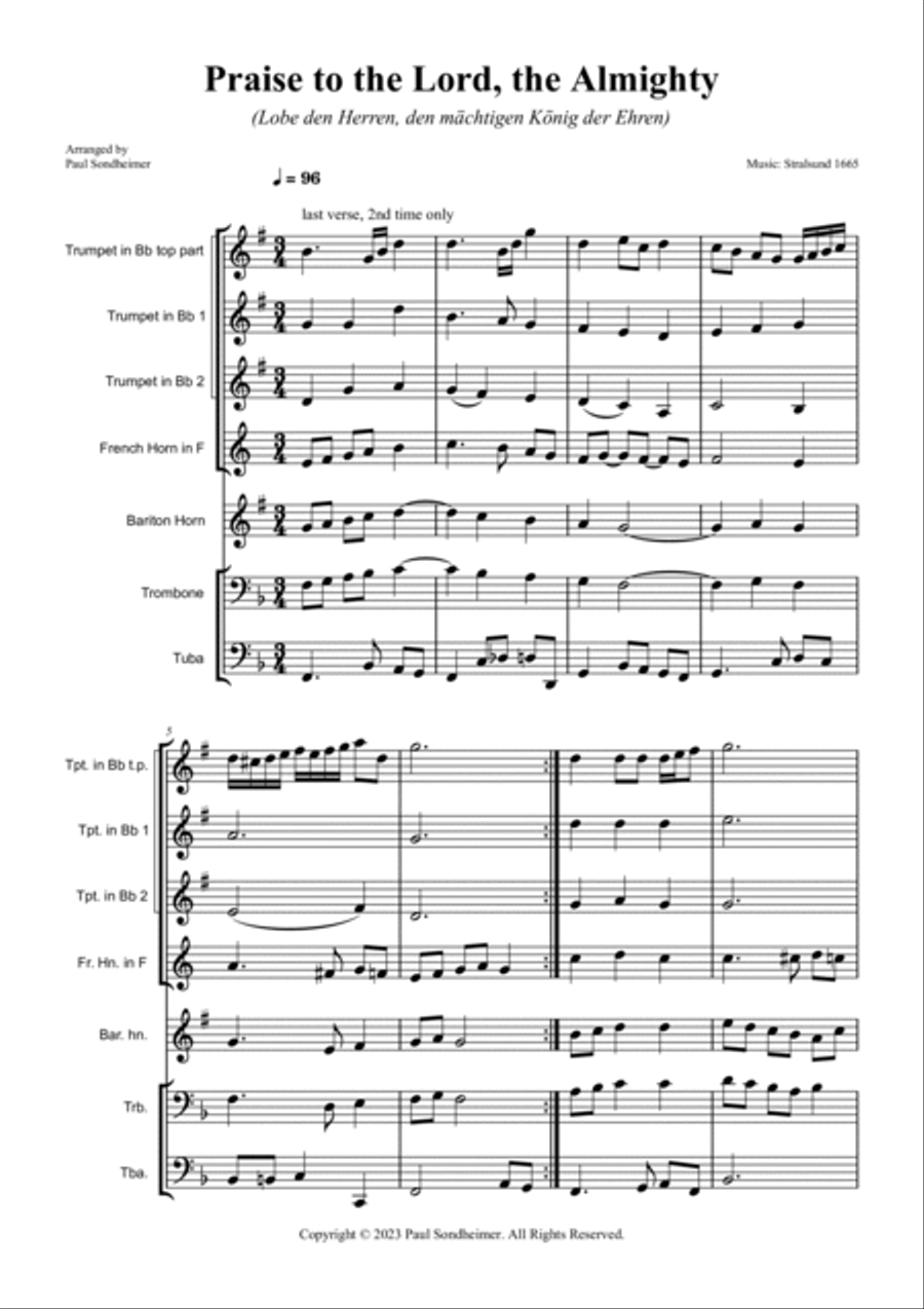 Praise to the Lord, the Almighty (Lobe den Herren, den mächtigen König der Ehren) Brass Quintet scores gallery preview page 3