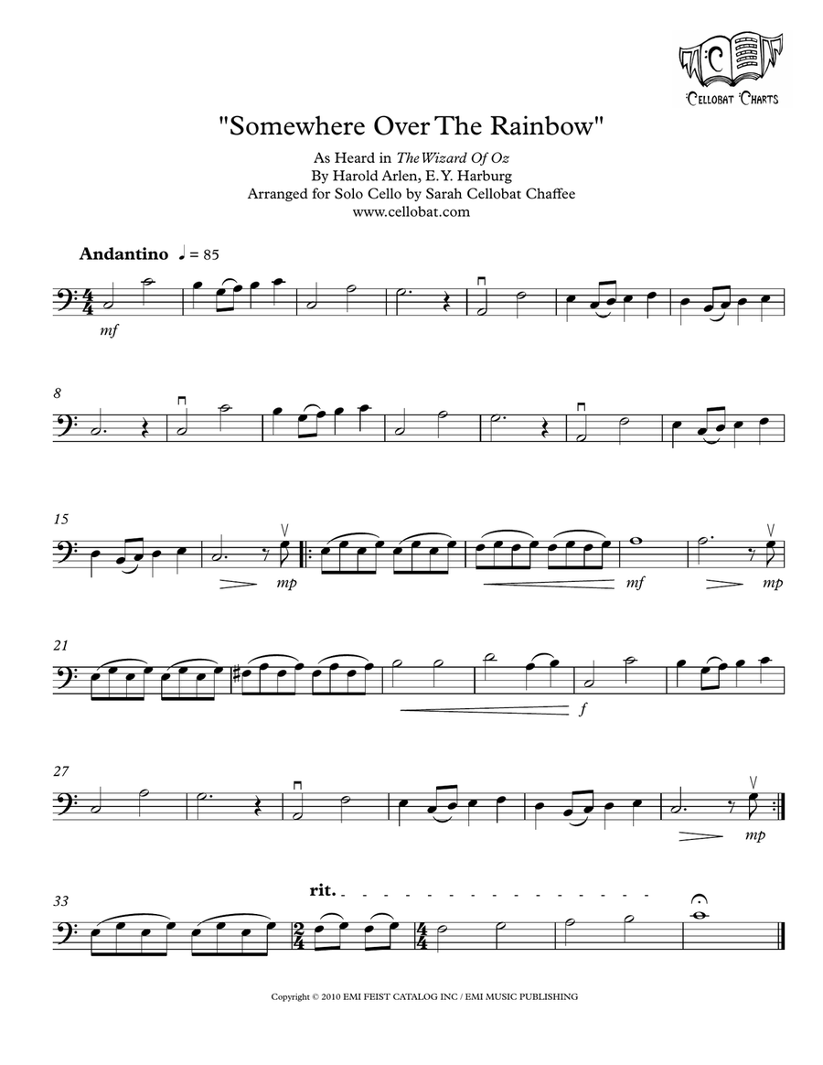 Over The Rainbow Cello Solo scores gallery preview page 1