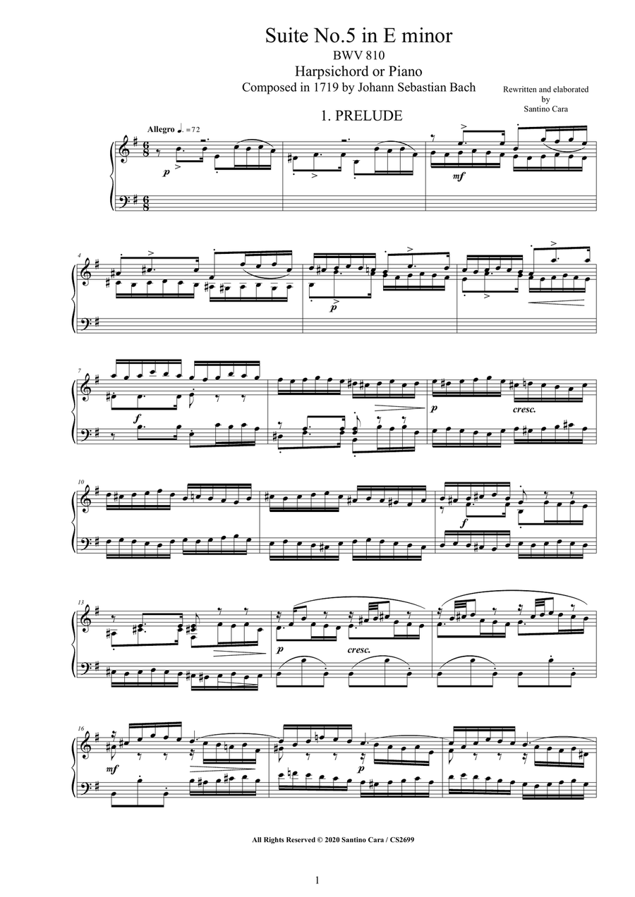 Bach - English Suite No.5 in E minor BWV 810 for Harpsichord (or Piano) Harpsichord scores gallery preview page 1