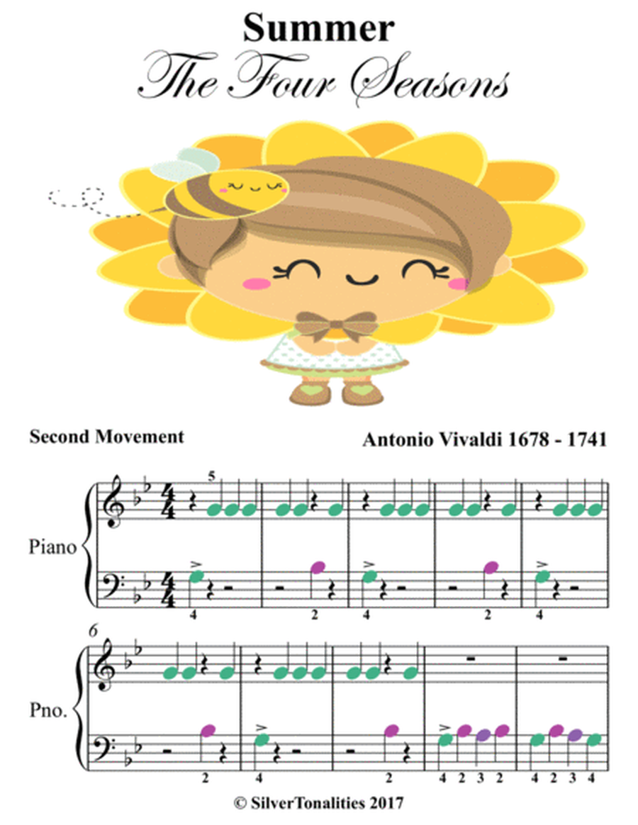 Summer the Four Seasons L’estate Beginner Piano Sheet Music with Colored Notes