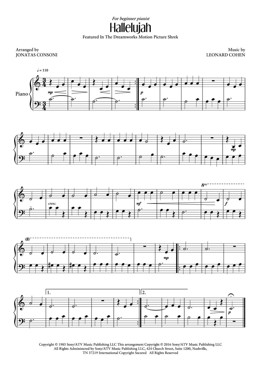 Hallelujah Easy Piano scores gallery preview page 1