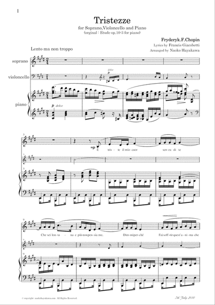 Chopin Etude op.10-3 for Trio (Soprano, Cello & Piano) arr. by Naoko Hayakawa Small Ensemble scores gallery preview page 2