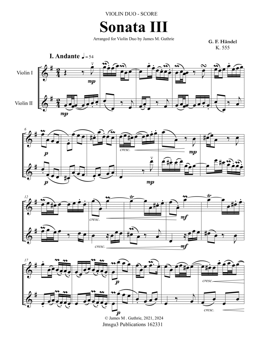 Handel: Sonata No. 3 for Violin Duo String Duet scores gallery preview page 1