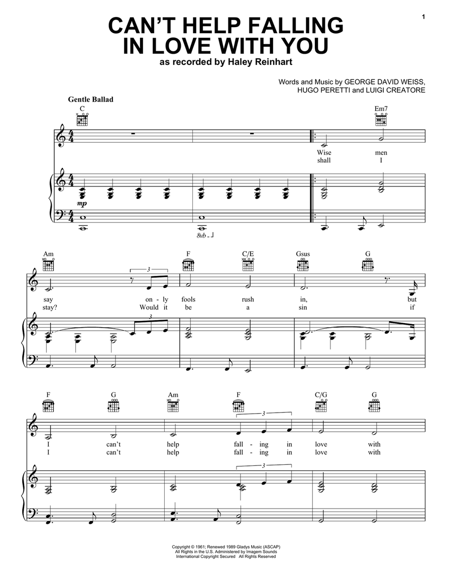Can't Help Falling In Love Piano, Vocal, Guitar scores gallery preview page 1