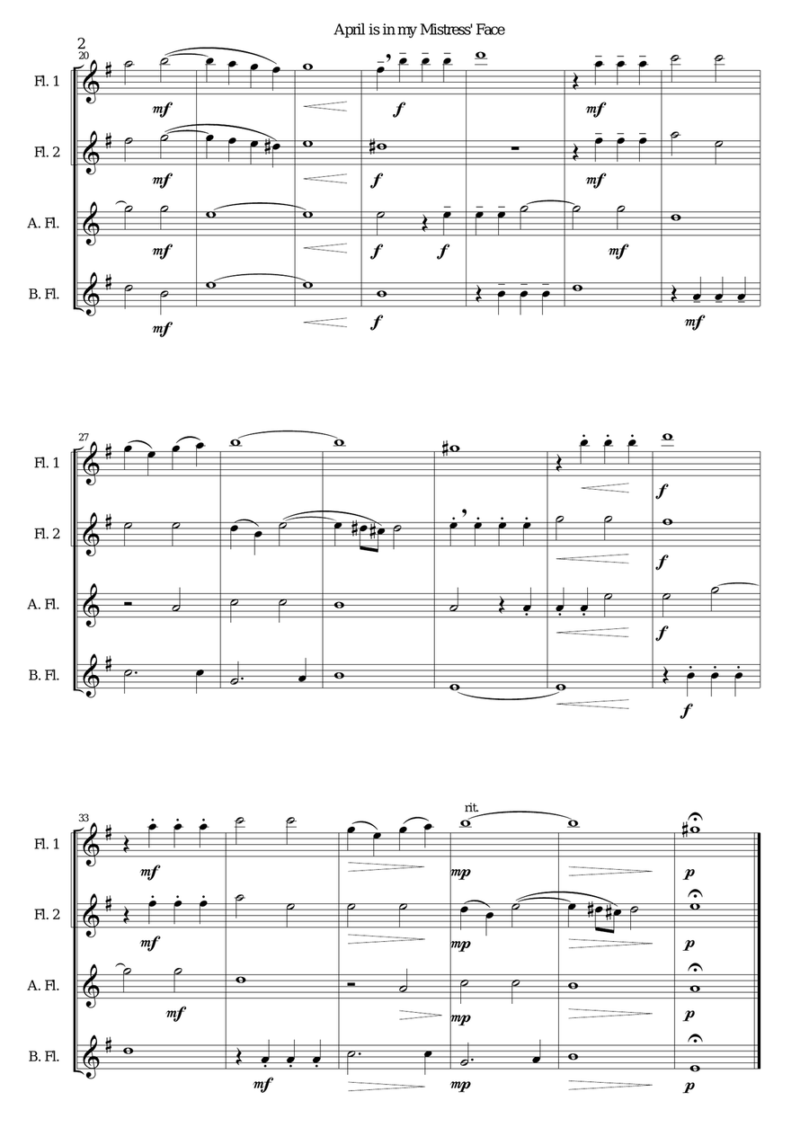 April is in my Mistress' Face for flute quartet Flute Quartet scores gallery preview page 2