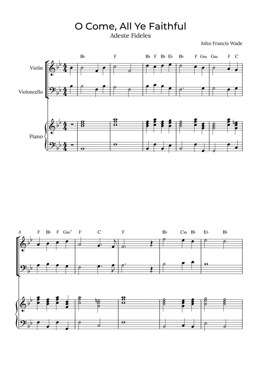O Come, All Ye Faithful - Violin and cello with piano and chords Piano Trio scores gallery preview page 1