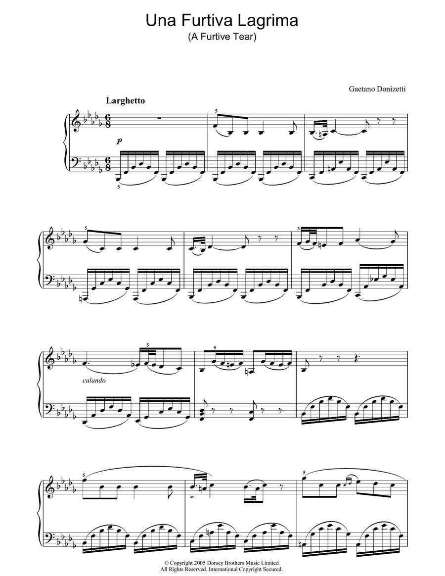 Una Furtiva Lagrima (A Furtive Tear) Piano Solo scores gallery preview page 1