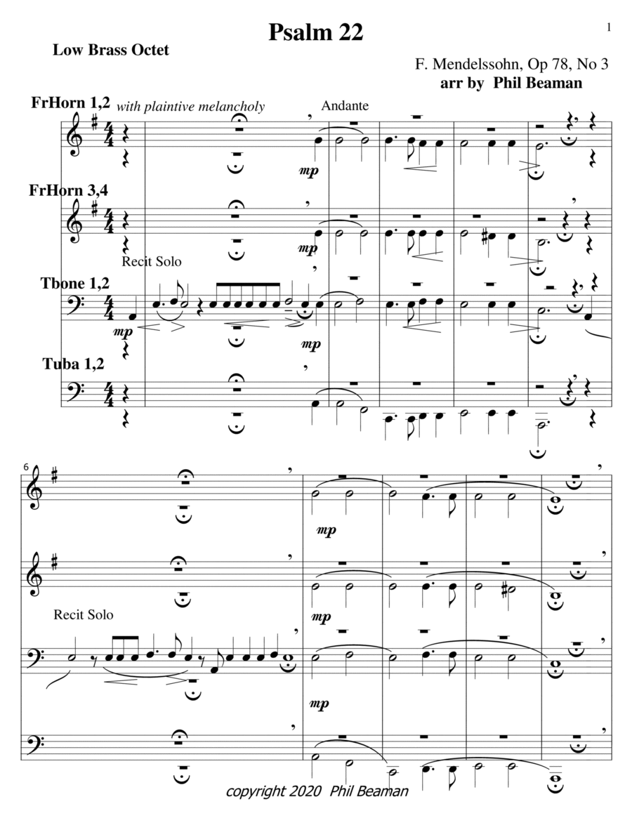 Psalm 22-Mendelssohn-Low Brass octet Brass Ensemble scores gallery preview page 1