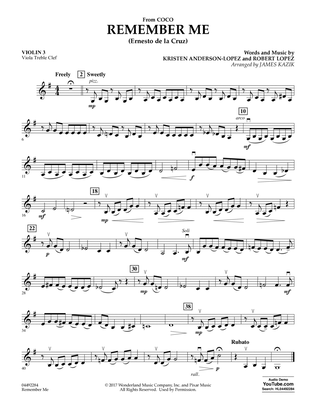 Book cover for Remember Me (from Coco) (arr. James Kazik) - Violin 3 (Viola Treble Clef)