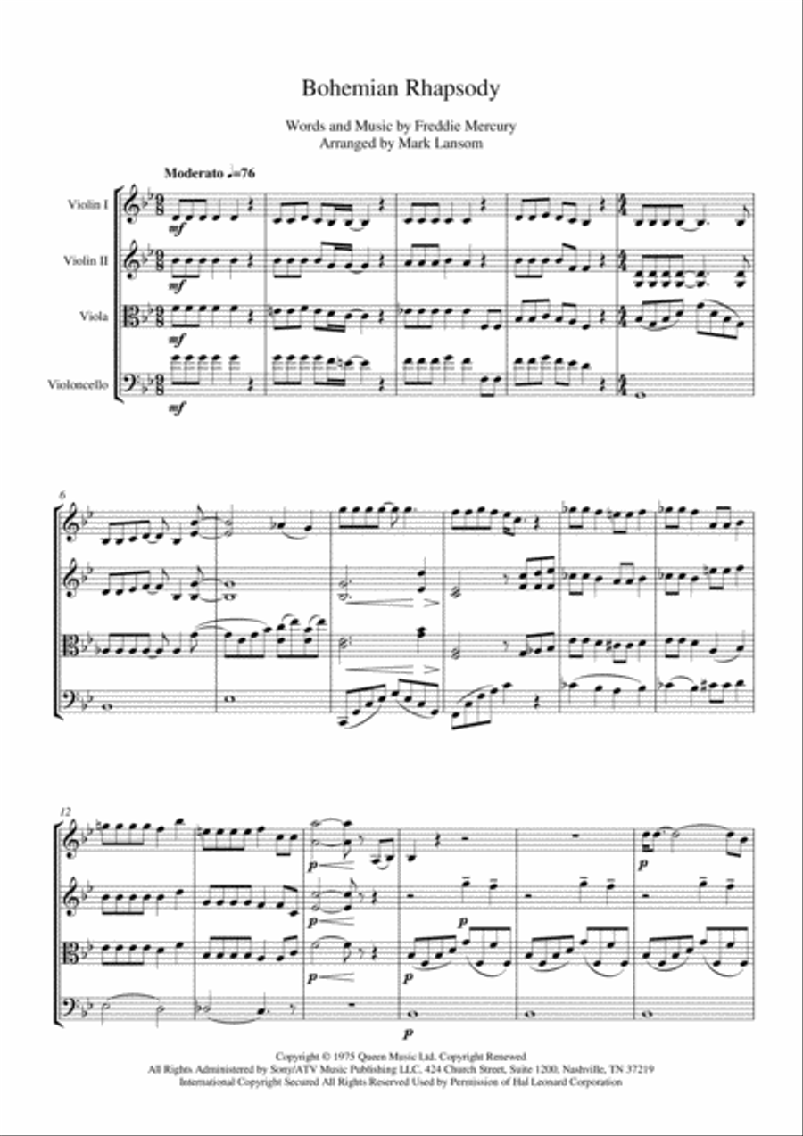 Bohemian Rhapsody String Quartet scores gallery preview page 1