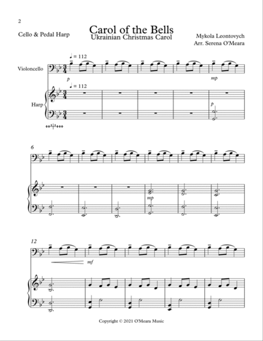 Carol of the Bells, Duet for Cello and Pedal Harp String Duet scores gallery preview page 2