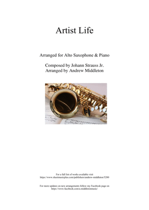 Book cover for Artist's Life arranged for Alto Saxophone and Piano