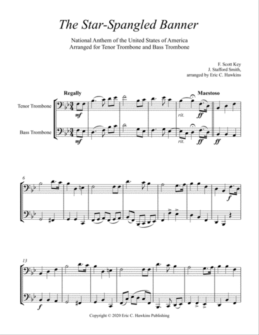The Star-Spangled Banner, tenor and bass trombone Trombone Duet scores gallery preview page 2