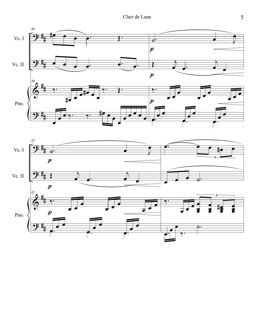 Clair de Lune (Cello Duet) with piano accompaniment String Duet scores gallery preview page 5