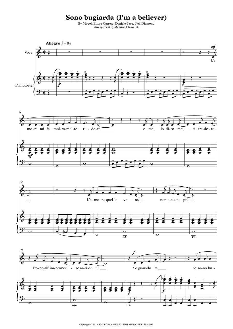 Sono Bugiarda Piano, Vocal scores gallery preview page 1