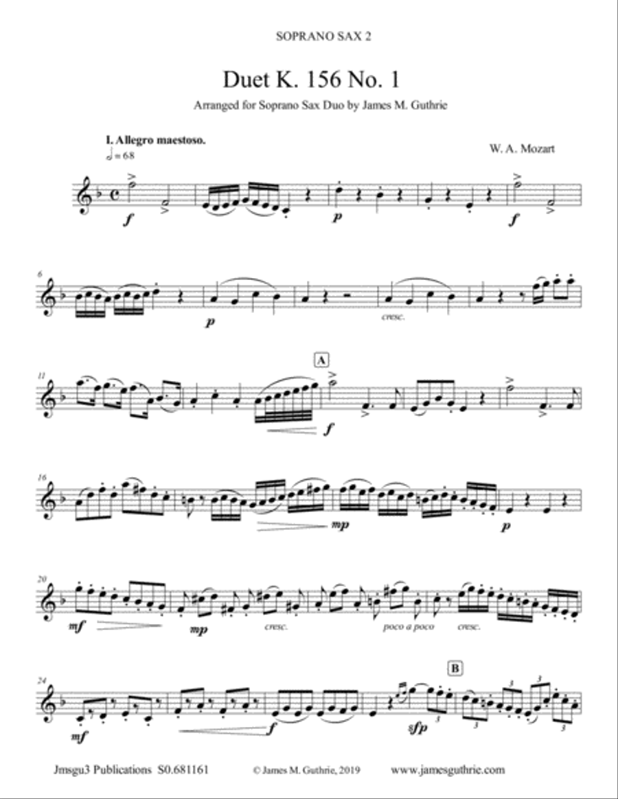 Mozart: Duet K. 156 No. 1 for Soprano Sax Duo Woodwind Duet scores gallery preview page 1