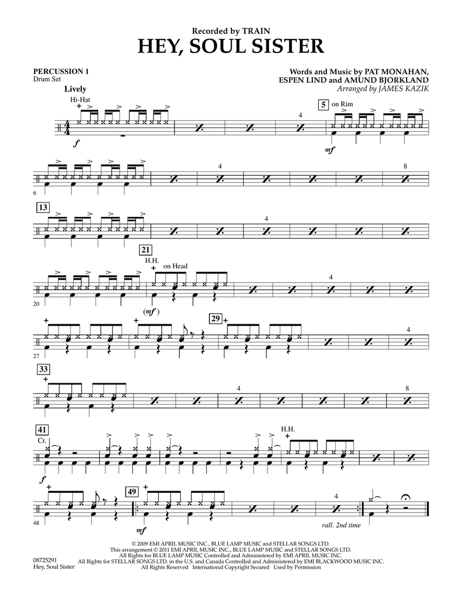 Hey, Soul Sister - Percussion 1 Concert Band scores gallery preview page 1