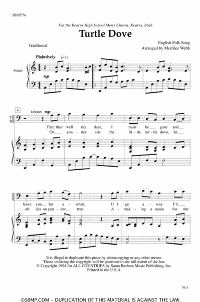 Turtle Dove - TB Octavo Choir - Sheet Music