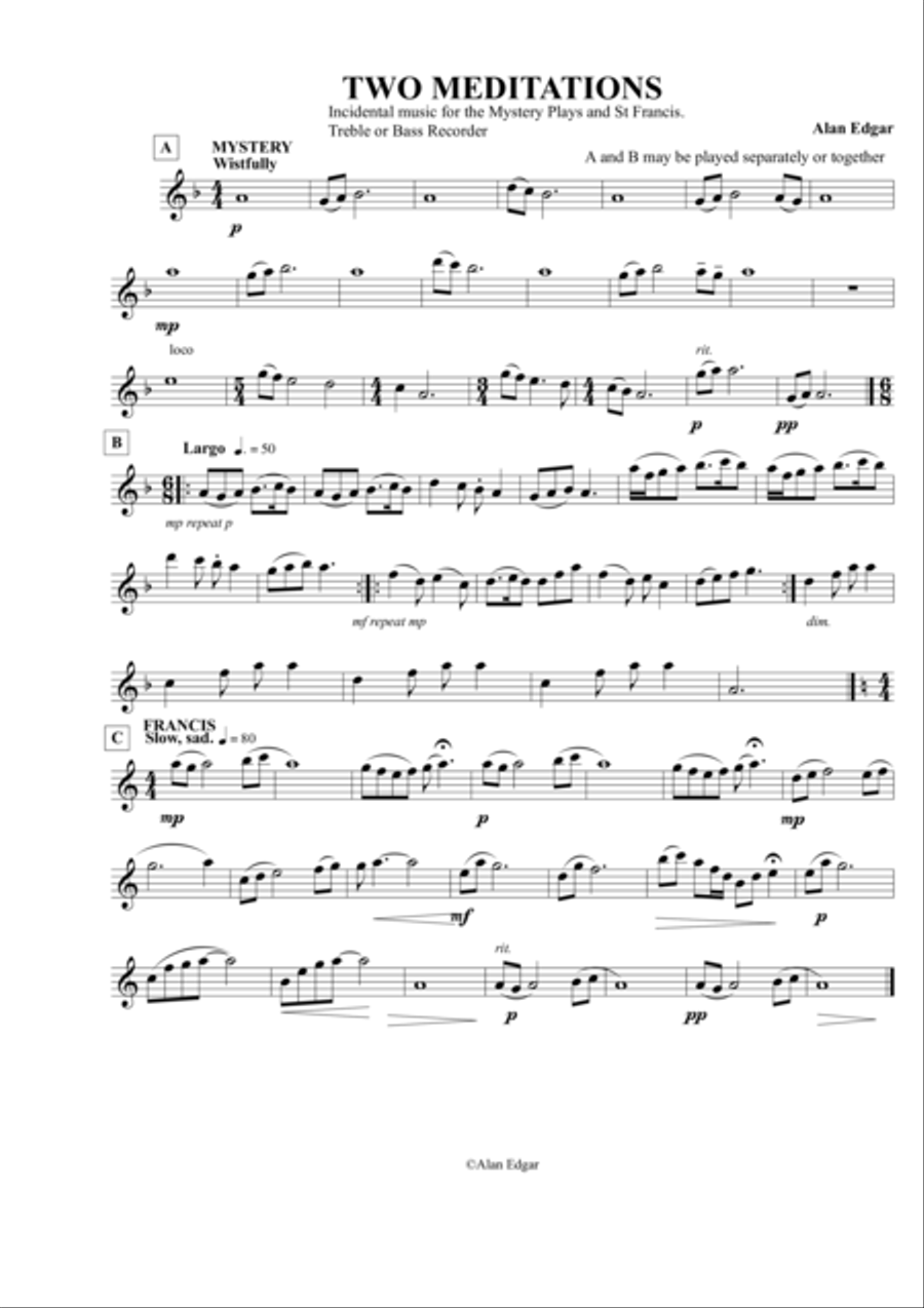 TWO MEDITATIONS for RECORDER Recorder scores gallery preview page 1