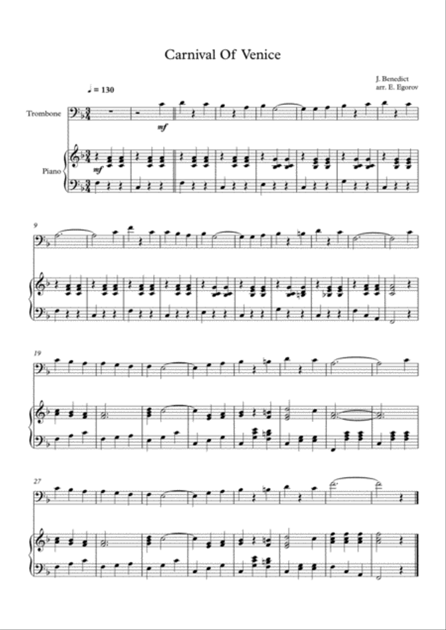 Carnival Of Venice, Julius Benedict, For Trombone & Piano Piano Accompaniment scores gallery preview page 1