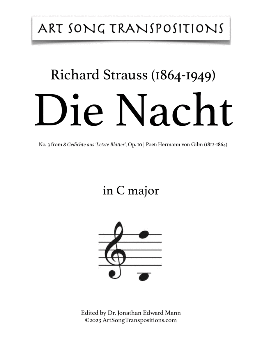 STRAUSS: Die Nacht, Op. 10 no. 3 (transposed to C major) Voice scores gallery preview page 1